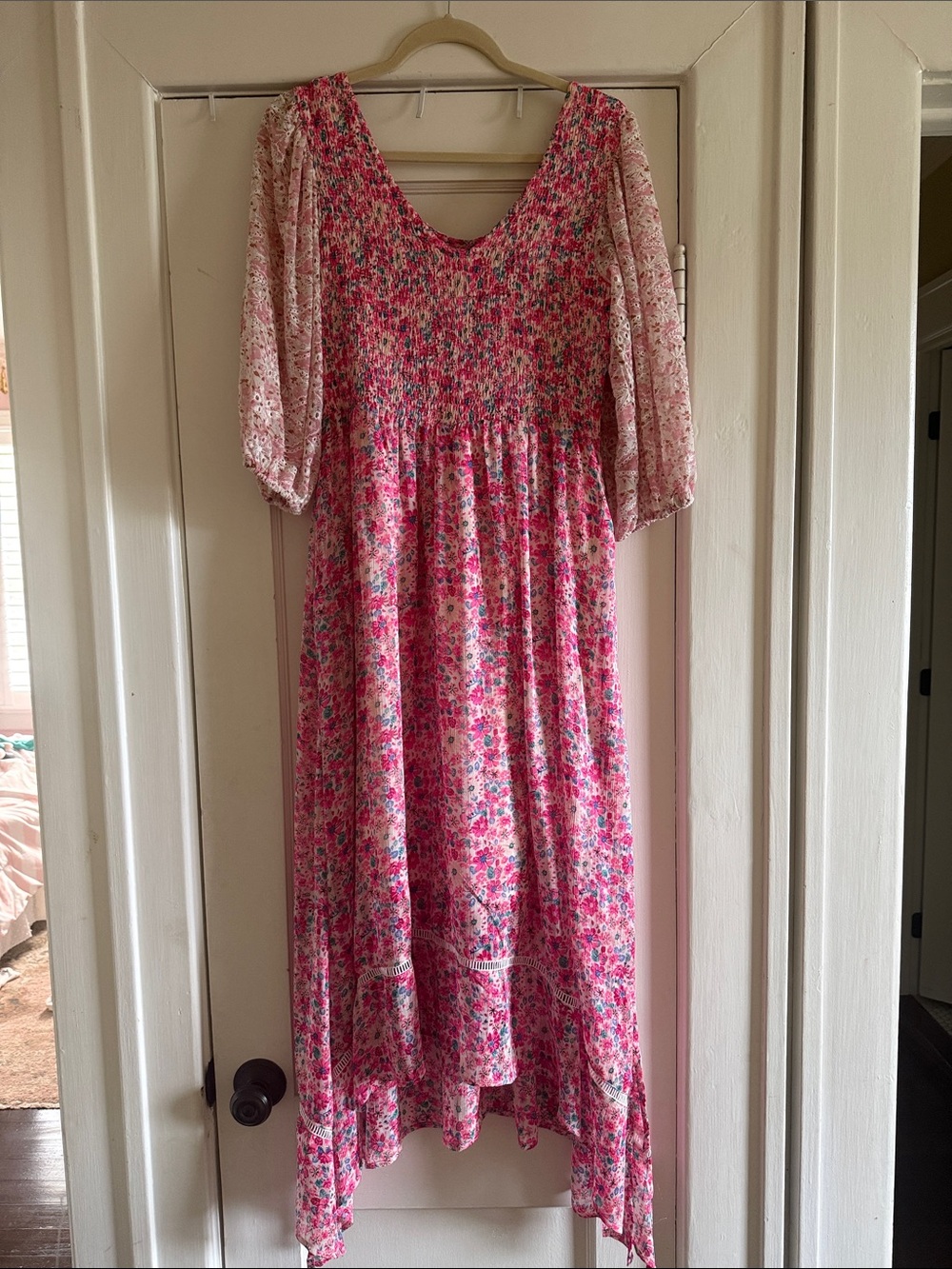 Melloday Women's Floral Pink Midi Dress with Smocked Bodice